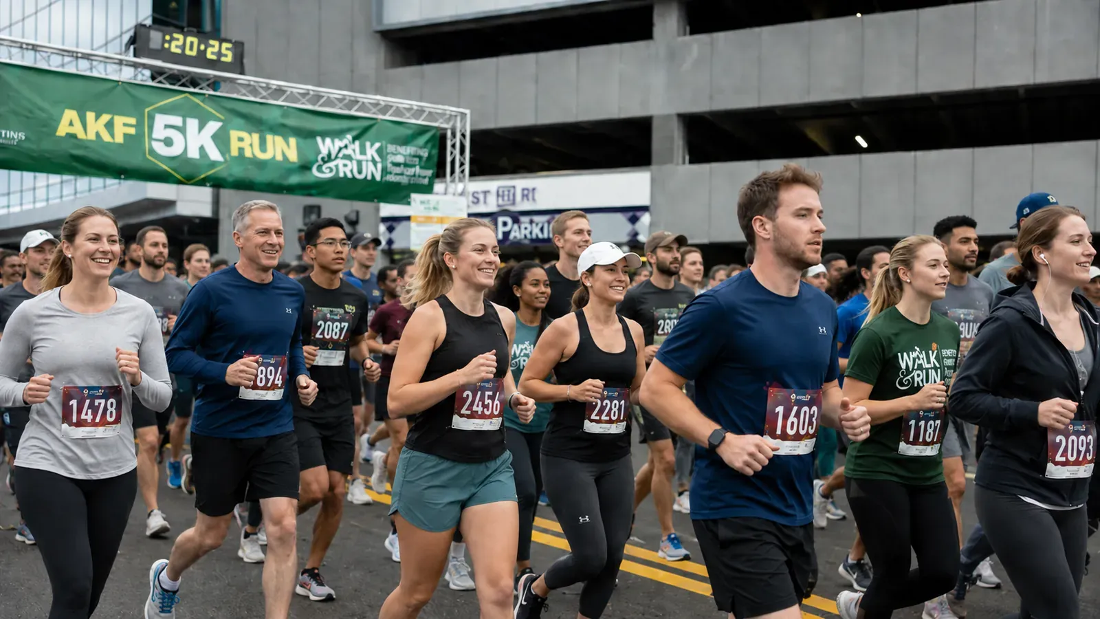 Runners crossing the AKF 5K Run start line on Battery Avenue