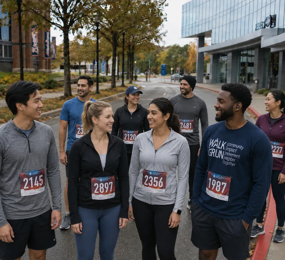 A company team in race bibs gathered on Battery Avenue before the start