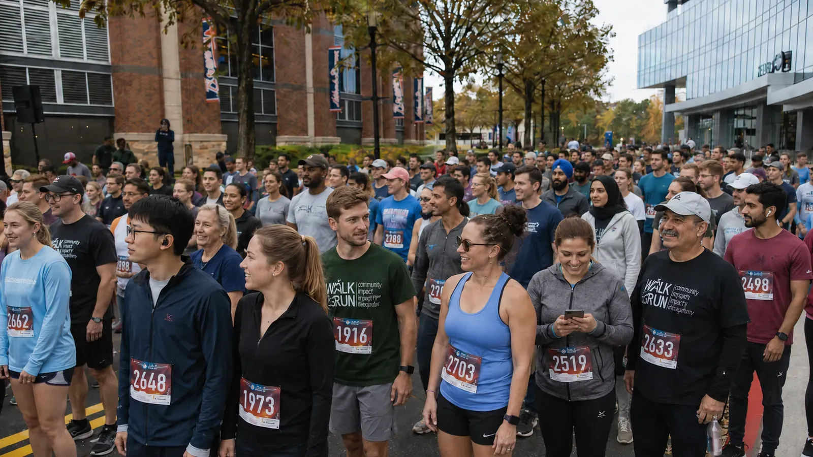 A crowd of walkers lined up at the start on Battery Avenue